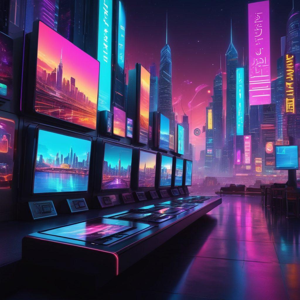 A futuristic digital landscape showcasing various streaming platforms displayed on sleek screens, colorful icons representing adult films swirling around like a cinematic galaxy. Blend in elements of technology with subtle animations of film reels and download buttons illuminated in neon lights. Include a modern city skyline in the background to enhance the urban vibe. vibrant colors. cyberpunk.