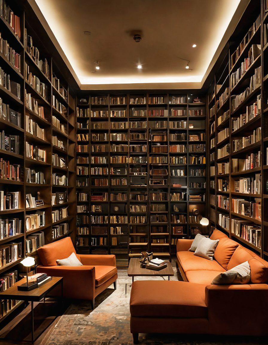 A stylish library filled with towering shelves, each stacked with diverse adult video cases ranging from classics to modern hits. Soft, warm lighting accentuates the variety and vibrancy of covers, while a cozy reading nook is visible in the corner, inviting viewers to explore. A subtle blend of digital screens showcases snippets of popular titles as a backdrop. The atmosphere is engaging yet tasteful, reflecting a curated, informative experience. super-realistic. warm tones. inviting ambiance.